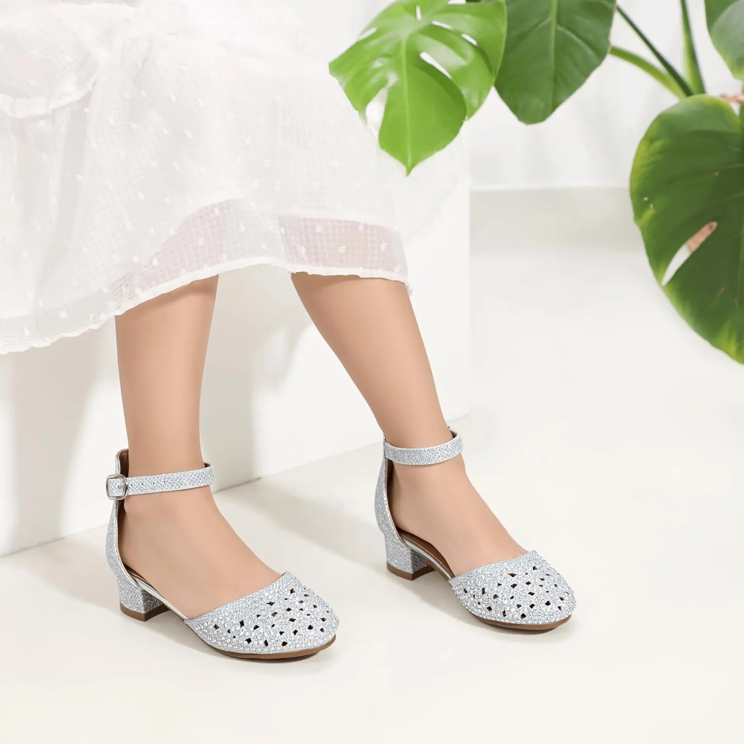 PANDANINJIA Girls Heels Dress Shoes Flower Girl Closed Toe Heels Ankle Strap Wedding Party School Miya Toddler Little Big Kid Pump Shoes