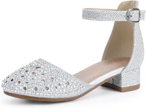 PANDANINJIA Girls Heels Dress Shoes Flower Girl Closed Toe Heels Ankle Strap Wedding Party School Miya Toddler Little Big Kid Pump Shoes