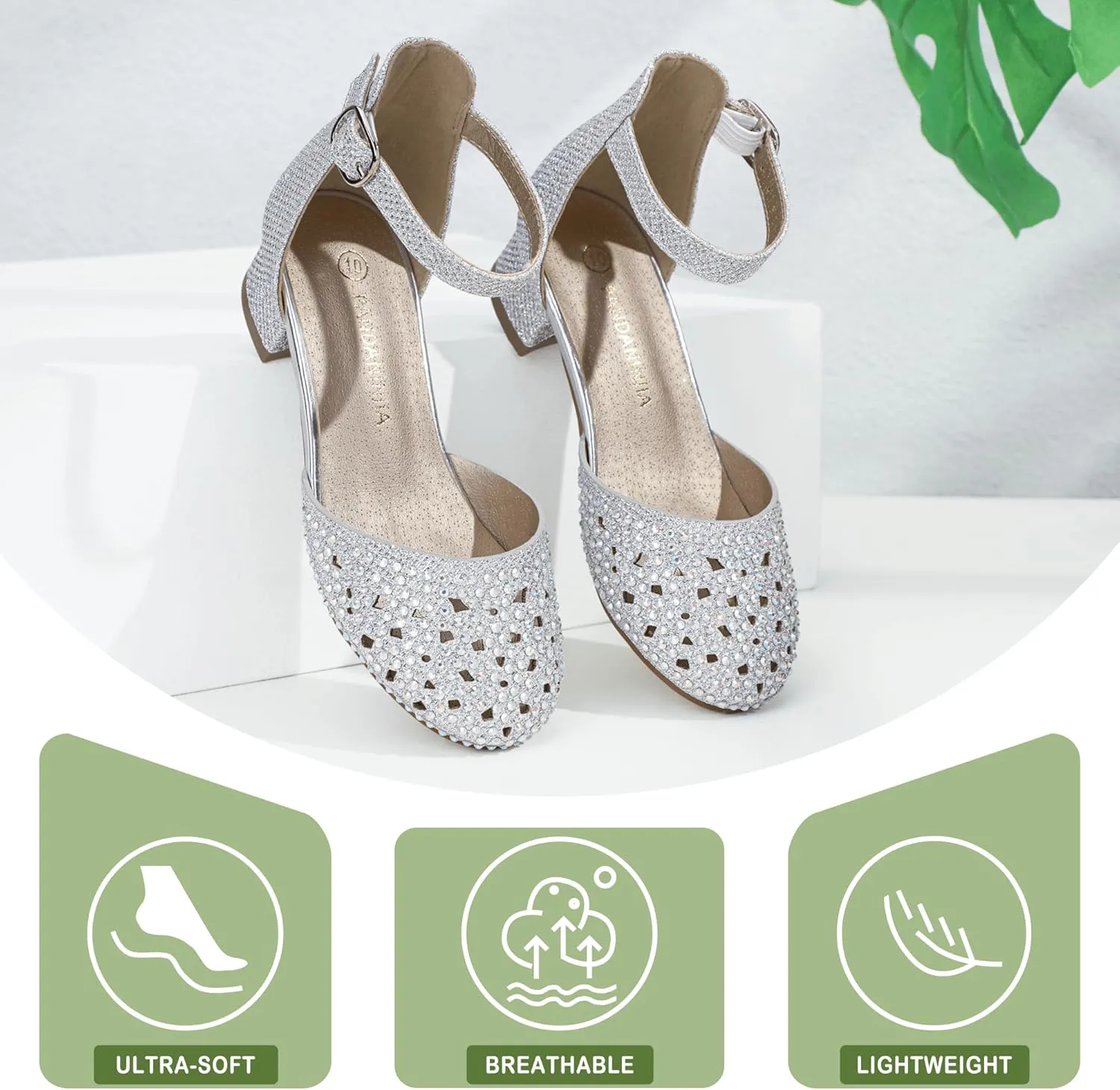 PANDANINJIA Girls Heels Dress Shoes Flower Girl Closed Toe Heels Ankle Strap Wedding Party School Miya Toddler Little Big Kid Pump Shoes