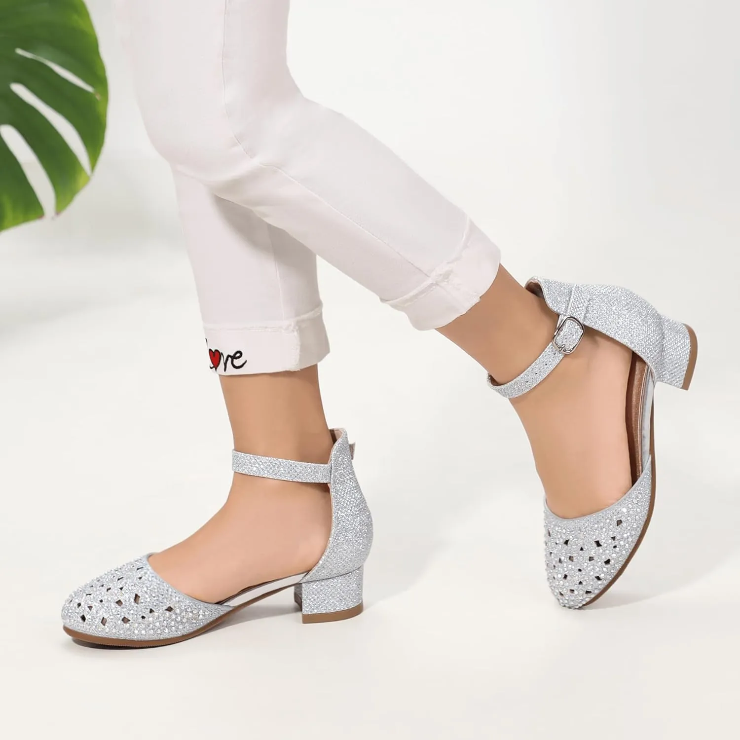 PANDANINJIA Girls Heels Dress Shoes Flower Girl Closed Toe Heels Ankle Strap Wedding Party School Miya Toddler Little Big Kid Pump Shoes
