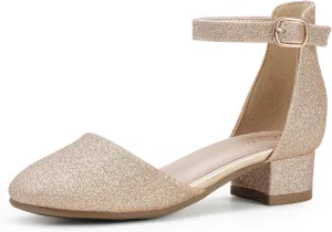 PANDANINJIA Girls Heels Dress Shoes Flower Girl Closed Toe Heels Ankle Strap Wedding Party School Miya Toddler Little Big Kid Pump Shoes