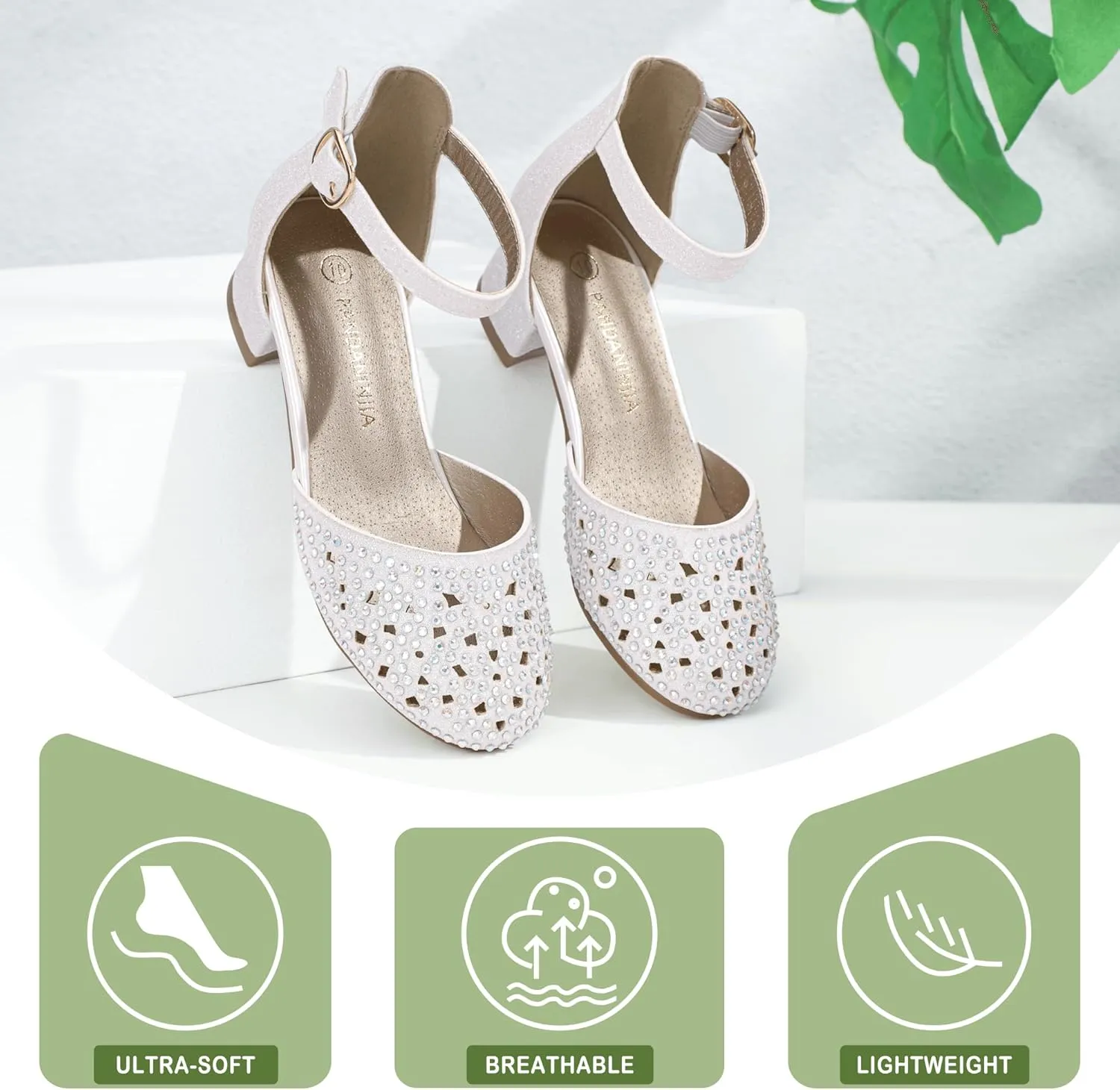 PANDANINJIA Girls Heels Dress Shoes Flower Girl Closed Toe Heels Ankle Strap Wedding Party School Miya Toddler Little Big Kid Pump Shoes