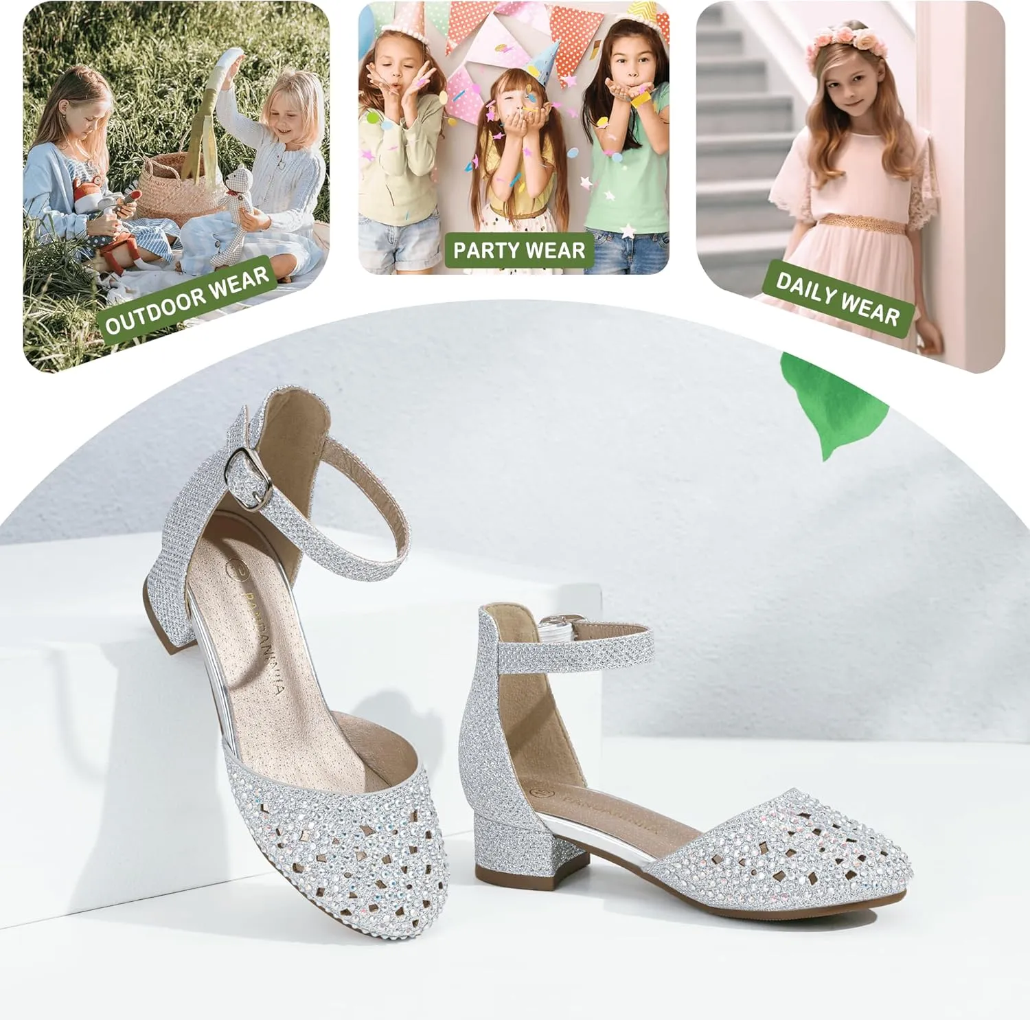 PANDANINJIA Girls Heels Dress Shoes Flower Girl Closed Toe Heels Ankle Strap Wedding Party School Miya Toddler Little Big Kid Pump Shoes