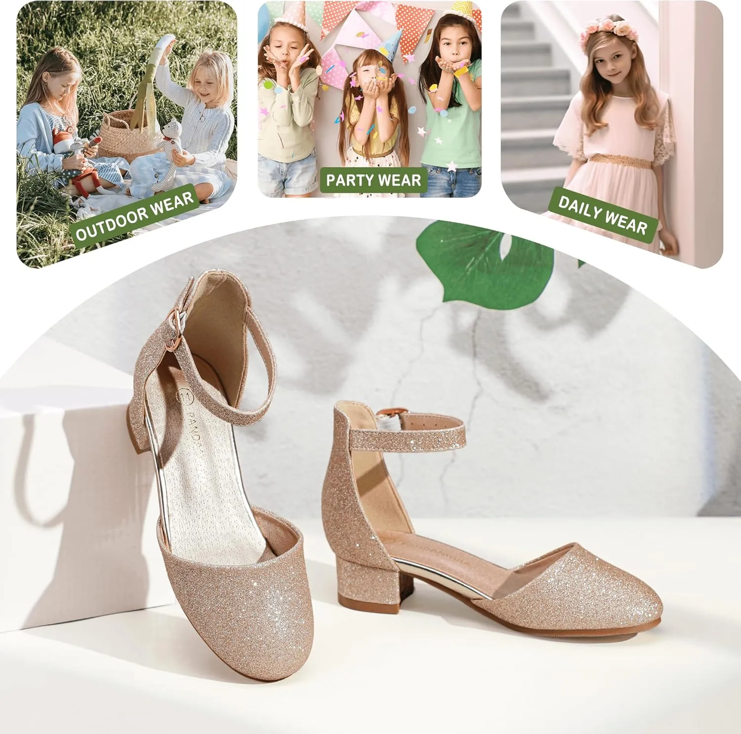 PANDANINJIA Girls Heels Dress Shoes Flower Girl Closed Toe Heels Ankle Strap Wedding Party School Miya Toddler Little Big Kid Pump Shoes