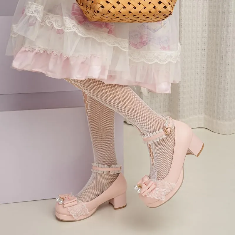 Seborluys Women's Sweet Lolita Cosplay Shoes Mid Chunky Heel Kawaii Platform Mary Jane Dress Pumps Ankle Strap with Lace Bow