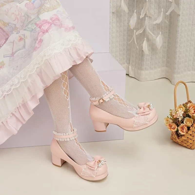 Seborluys Women's Sweet Lolita Cosplay Shoes Mid Chunky Heel Kawaii Platform Mary Jane Dress Pumps Ankle Strap with Lace Bow