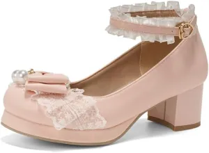 Seborluys Women's Sweet Lolita Cosplay Shoes Mid Chunky Heel Kawaii Platform Mary Jane Dress Pumps Ankle Strap with Lace Bow