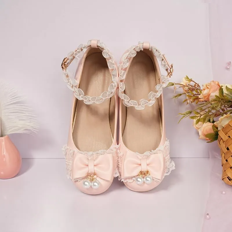 Seborluys Women's Sweet Lolita Cosplay Shoes Mid Chunky Heel Kawaii Platform Mary Jane Dress Pumps Ankle Strap with Lace Bow