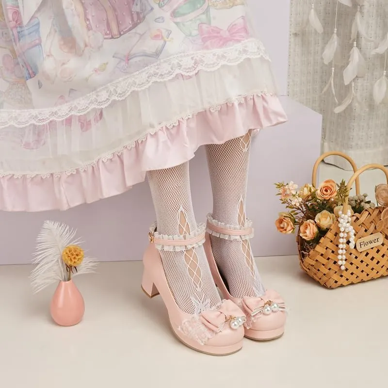 Seborluys Women's Sweet Lolita Cosplay Shoes Mid Chunky Heel Kawaii Platform Mary Jane Dress Pumps Ankle Strap with Lace Bow