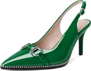 Soireelady Women Beaded Pumps High Heel Slingback Pointed Toe Slip On Stilettos Ankle Strap Adjustable Buckle 3.5 Inch Dress Shoes Patent Leather