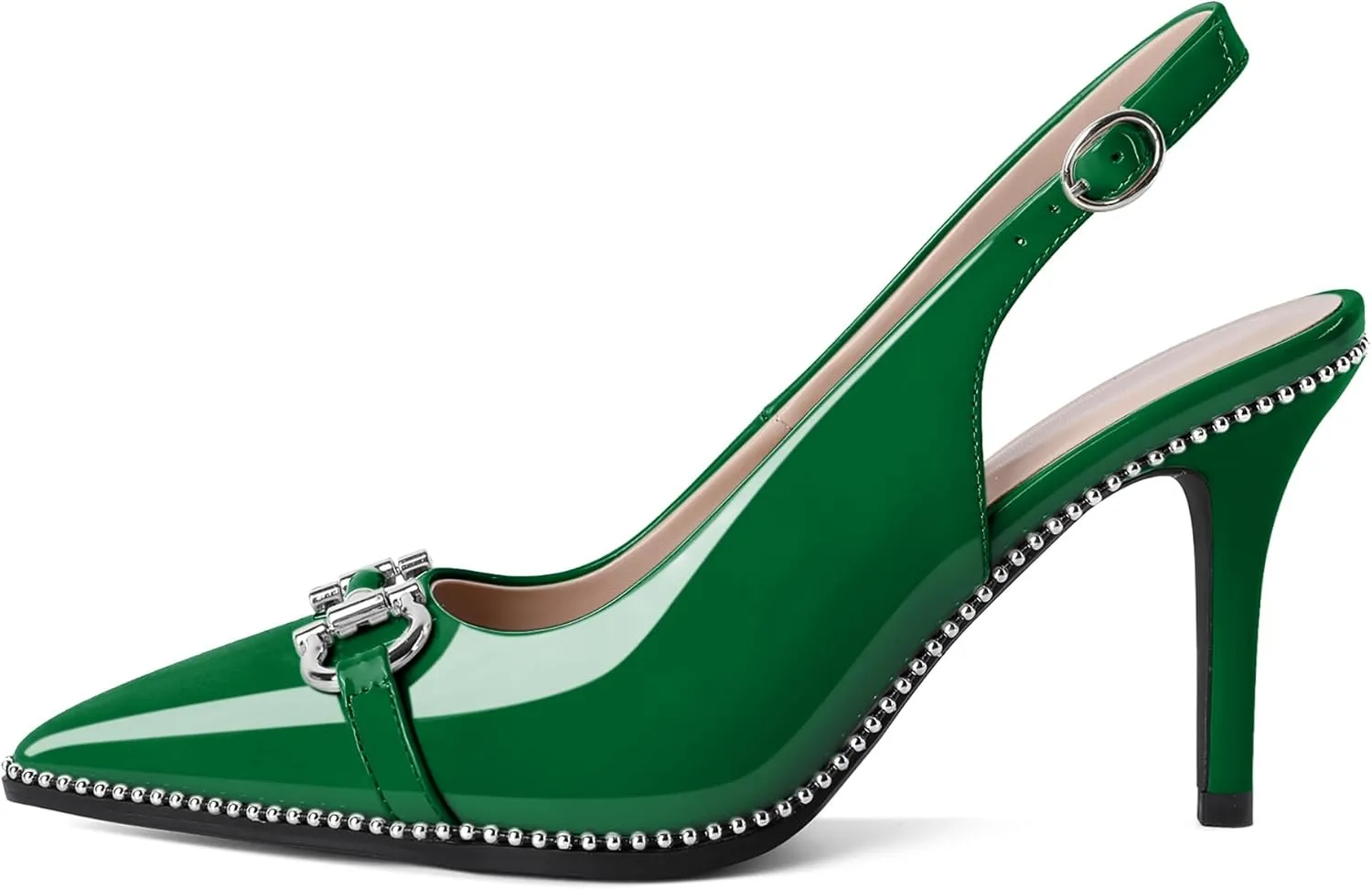 Soireelady Women Beaded Pumps High Heel Slingback Pointed Toe Slip On Stilettos Ankle Strap Adjustable Buckle 3.5 Inch Dress Shoes Patent Leather