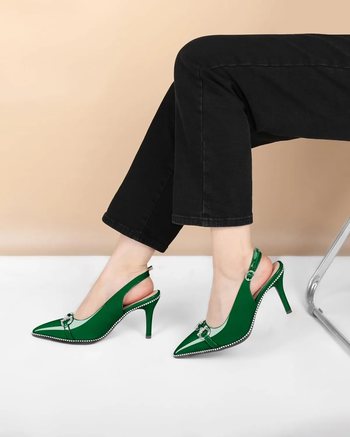 Soireelady Women Beaded Pumps High Heel Slingback Pointed Toe Slip On Stilettos Ankle Strap Adjustable Buckle 3.5 Inch Dress Shoes Patent Leather