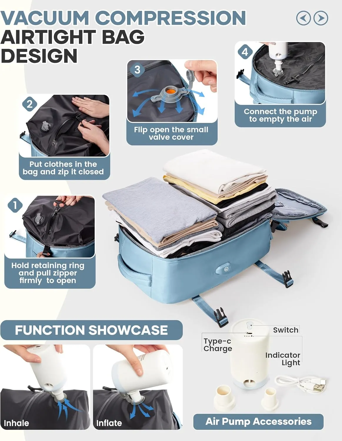 Vacuum Backpack Travel With Pump,Airback Personal Item Travel Bag,Waterproof Seal Compression bags, Carry on Flight Approved Backpack Cypress Grey Blue (With Air Pump)