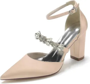 Women Vintage Wedding Bridal Rhinestone Ankle Strap High Heel Pumps Block Heel Sandal Shoes