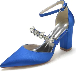 Women Vintage Wedding Bridal Rhinestone Ankle Strap High Heel Pumps Block Heel Sandal Shoes