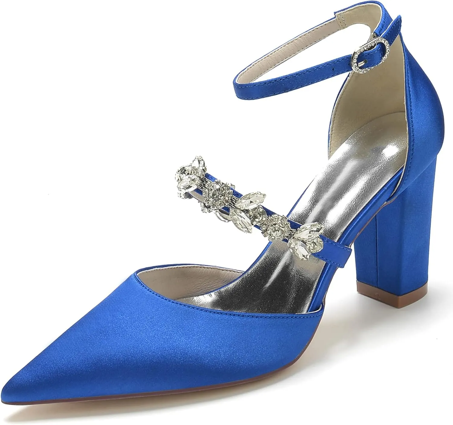 Women Vintage Wedding Bridal Rhinestone Ankle Strap High Heel Pumps Block Heel Sandal Shoes