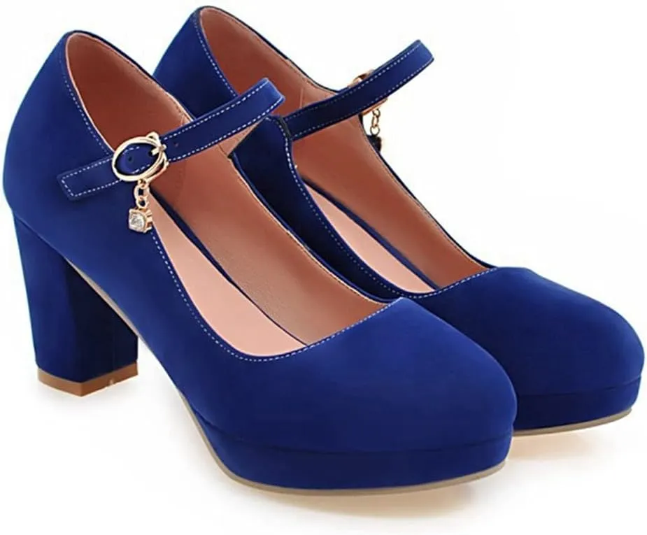 Women's Chunky High Block Heel Pumps Suede Round Toe Mary Jane Platform Casual Office Dress Shoes