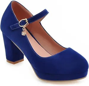 Women's Chunky High Block Heel Pumps Suede Round Toe Mary Jane Platform Casual Office Dress Shoes