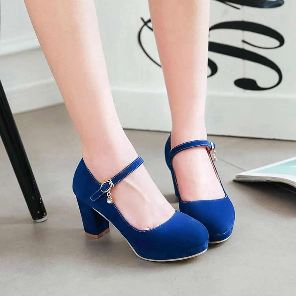 Women's Chunky High Block Heel Pumps Suede Round Toe Mary Jane Platform Casual Office Dress Shoes
