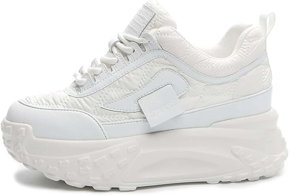 Women's Chunky Increase Height Lace-up Fashion Sneakers Shiny Anti-Slip Wear-Resistant Breathable Platform Wedge Low-top Sport Walking Shoes
