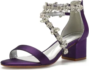 Women's Low Block Heel Sandals Chunky Ankle Strap Crystal Wedding Dress Shoes Low Heel Comfortable Pump Sandals