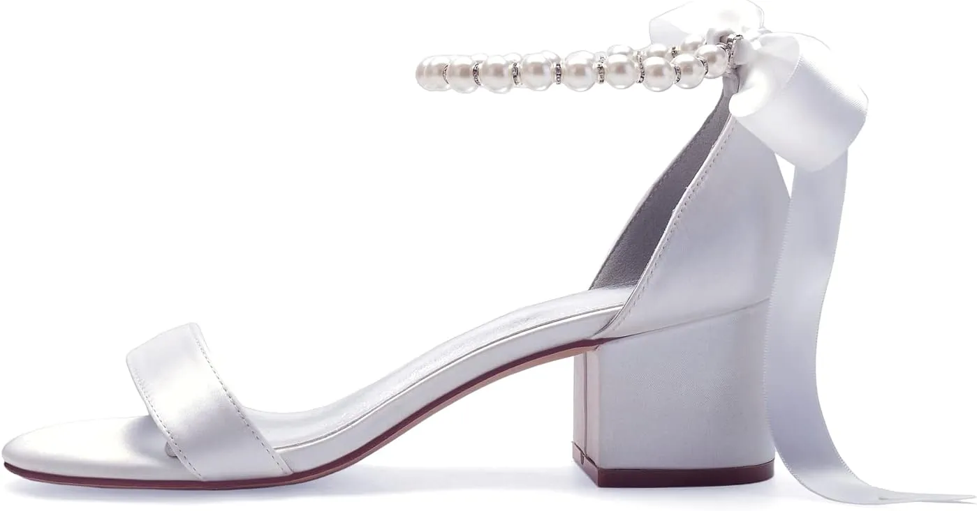Women's Low Block Heel Sandals Chunky Ankle Strap Pearl Wedding Dress Shoes Low Heel Comfortable Pump Sandals