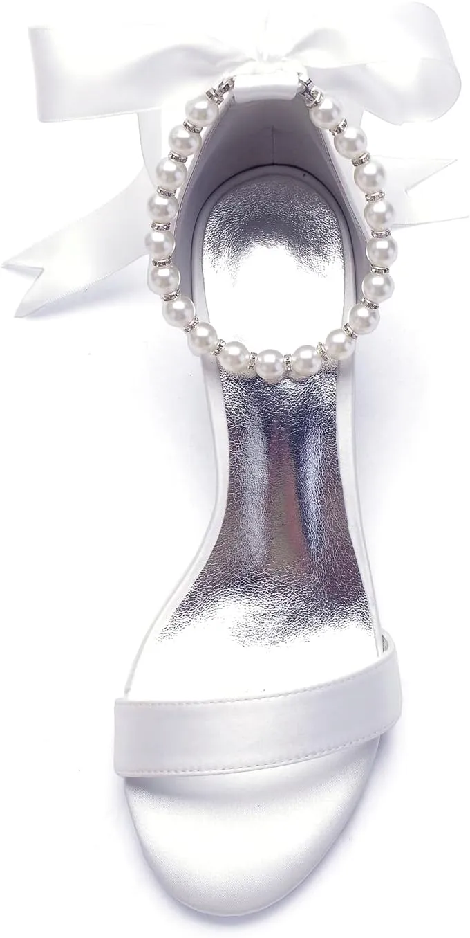 Women's Low Block Heel Sandals Chunky Ankle Strap Pearl Wedding Dress Shoes Low Heel Comfortable Pump Sandals