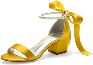 Women's Low Block Heel Sandals Chunky Ankle Strap Pearl Wedding Dress Shoes Low Heel Comfortable Pump Sandals