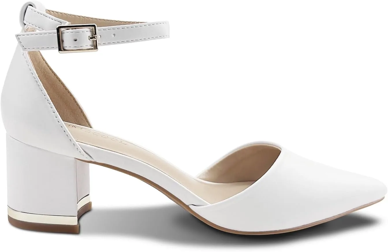Women's Pointed Toe Low Chunky Heels Pump Shoes, Comfortable Heels for Women, Chunky Ankle Strap Dress Pumps Shoes for Wedding Office Party