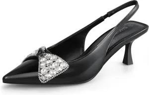 Women's Slingback Kitten Heels with Bow 2.4-Inch Low Heels Closed Pointed Toe Pump Dress Shoes