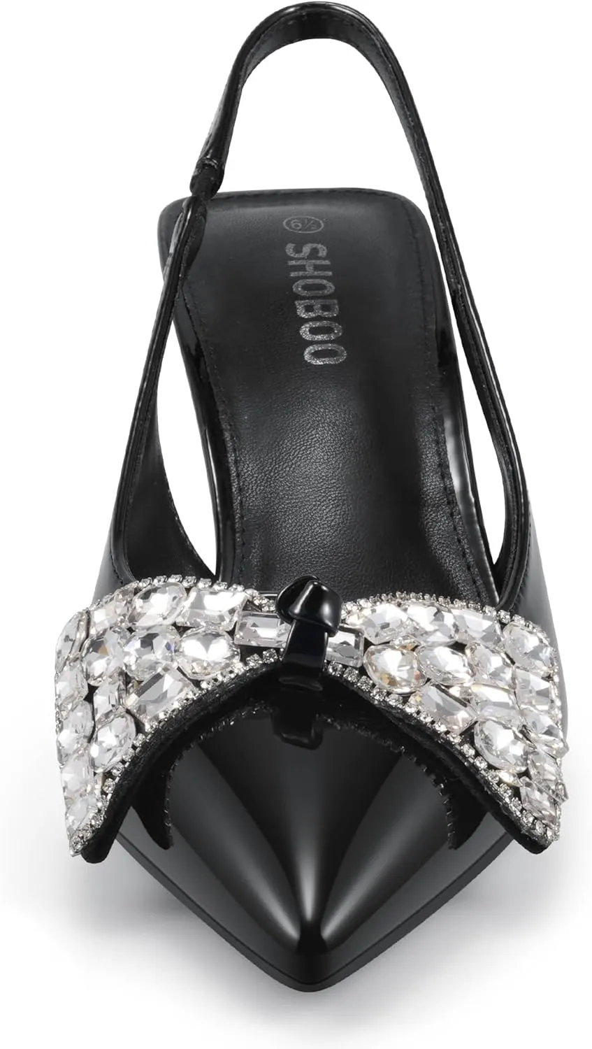 Women's Slingback Kitten Heels with Bow 2.4-Inch Low Heels Closed Pointed Toe Pump Dress Shoes