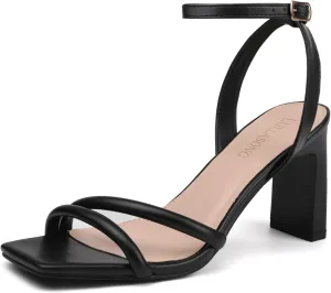 Womens Strappy Heeled Sandals Square Open Toe Chunky High Heels Strappy Ankle Buckle Pump Sandals Sexy Dress Party Shoes