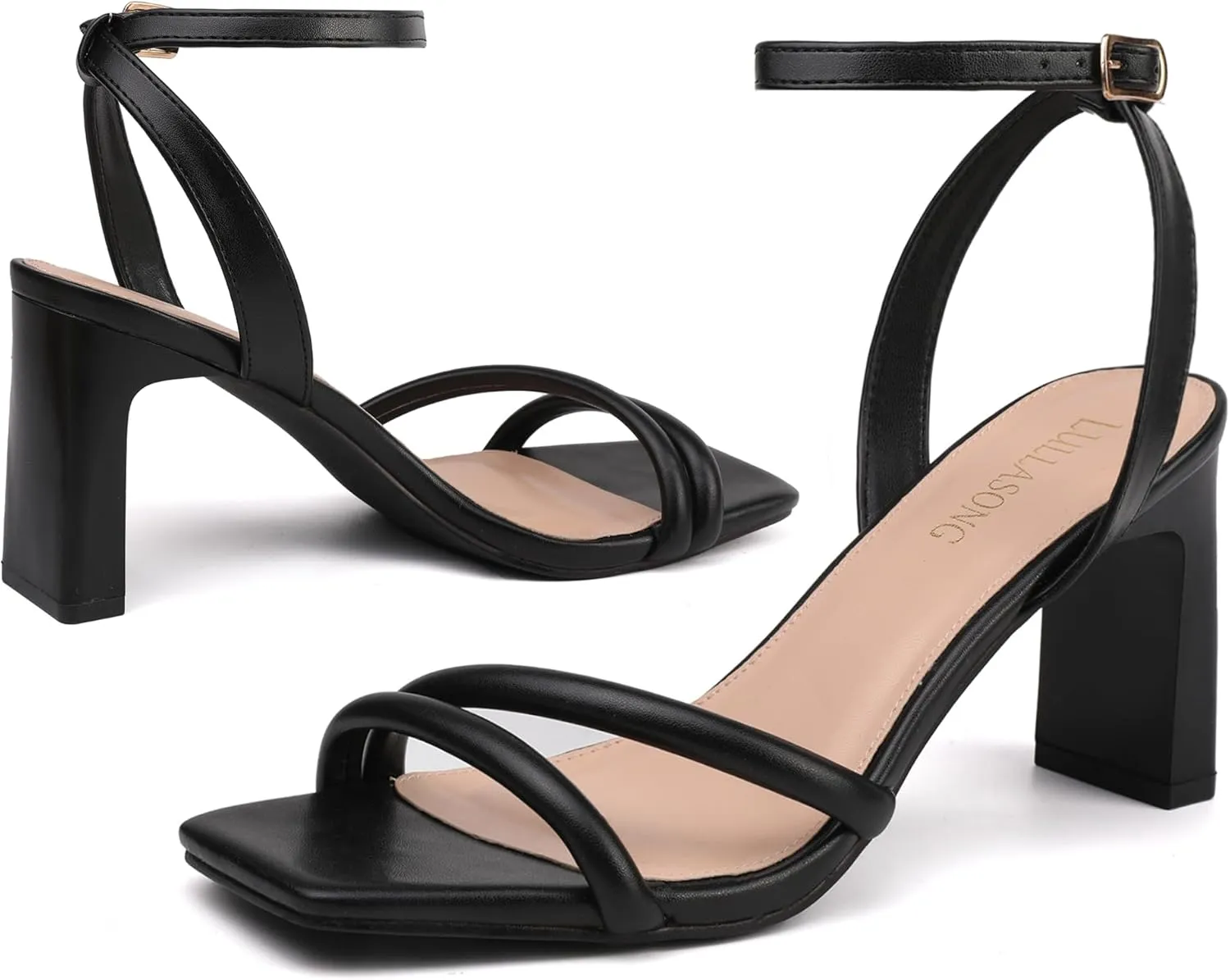 Womens Strappy Heeled Sandals Square Open Toe Chunky High Heels Strappy Ankle Buckle Pump Sandals Sexy Dress Party Shoes