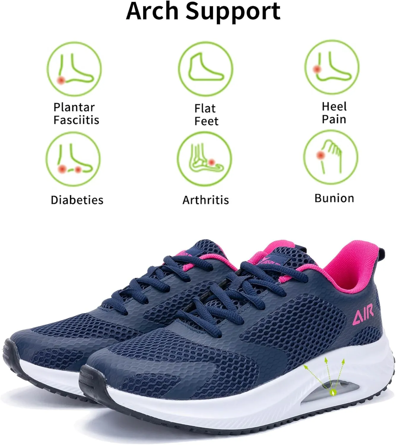Women's Walking Shoes Air Cushion Comfortable Plantar Fasciitis Tennis Sneakers Non-Slip Breathable Orthotic Shoe for Foot Heel Pain Relief Size US 6-11