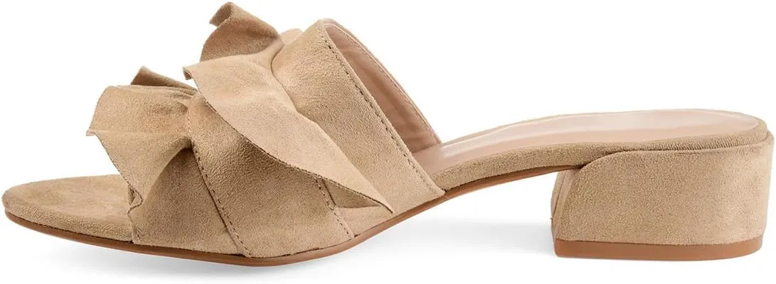 YDN Women Fashion Open Almond Toe Ruffles Slide Sandals Chunky Low Heel Slippers Pump Date Walking Shoes