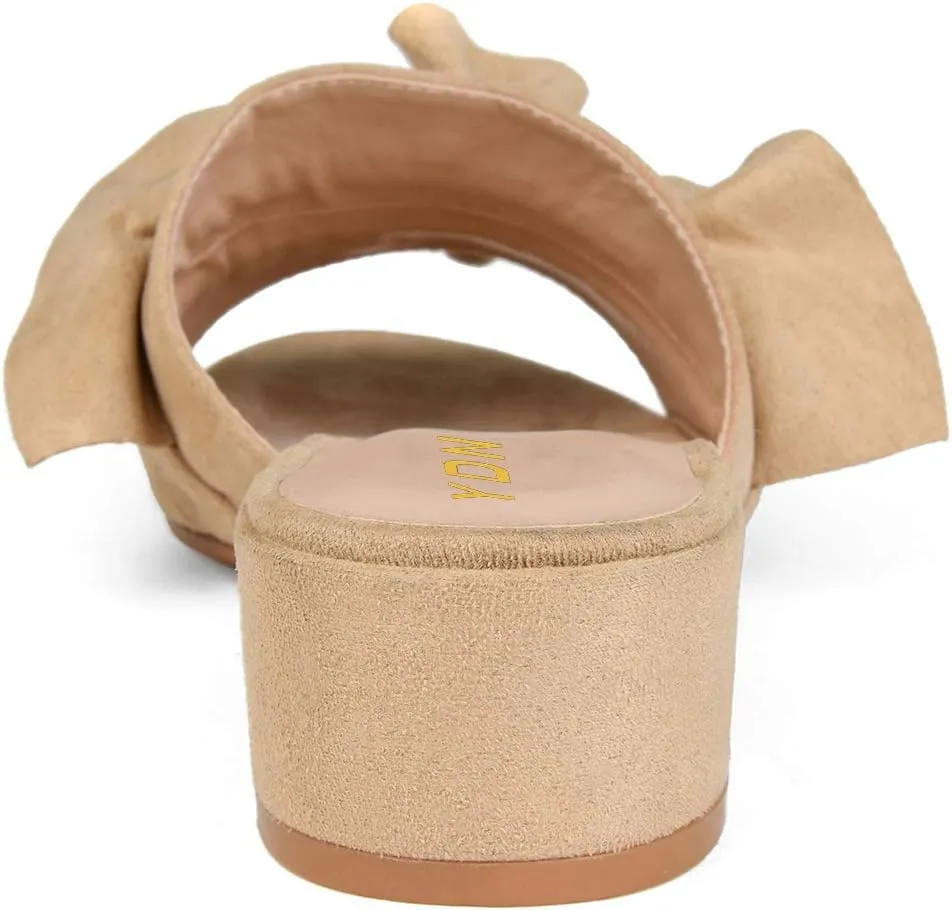 YDN Women Fashion Open Almond Toe Ruffles Slide Sandals Chunky Low Heel Slippers Pump Date Walking Shoes