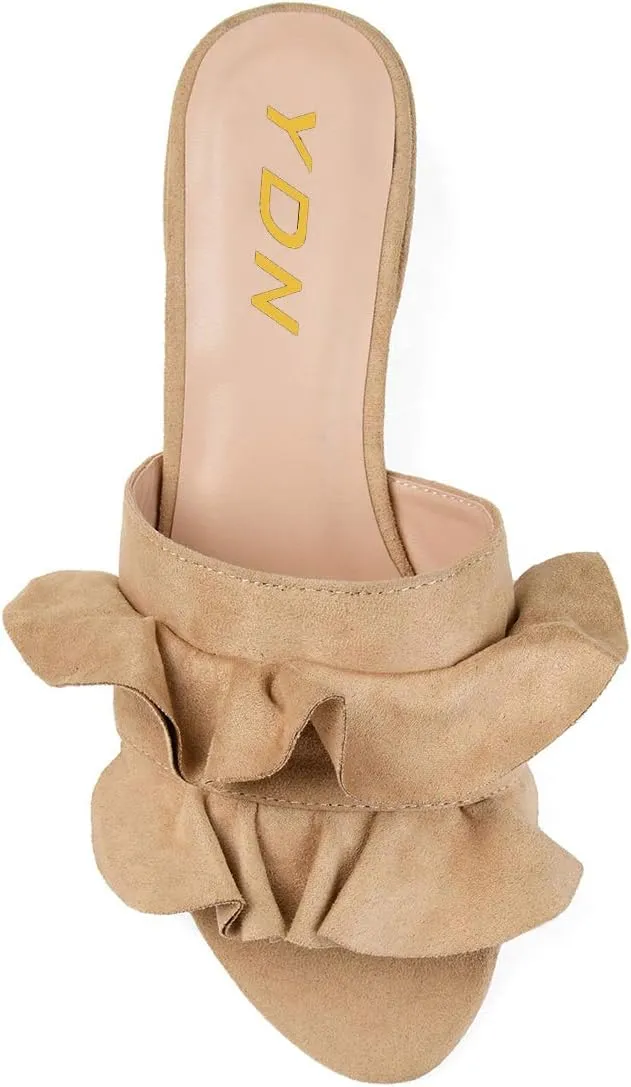 YDN Women Fashion Open Almond Toe Ruffles Slide Sandals Chunky Low Heel Slippers Pump Date Walking Shoes