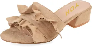 YDN Women Fashion Open Almond Toe Ruffles Slide Sandals Chunky Low Heel Slippers Pump Date Walking Shoes