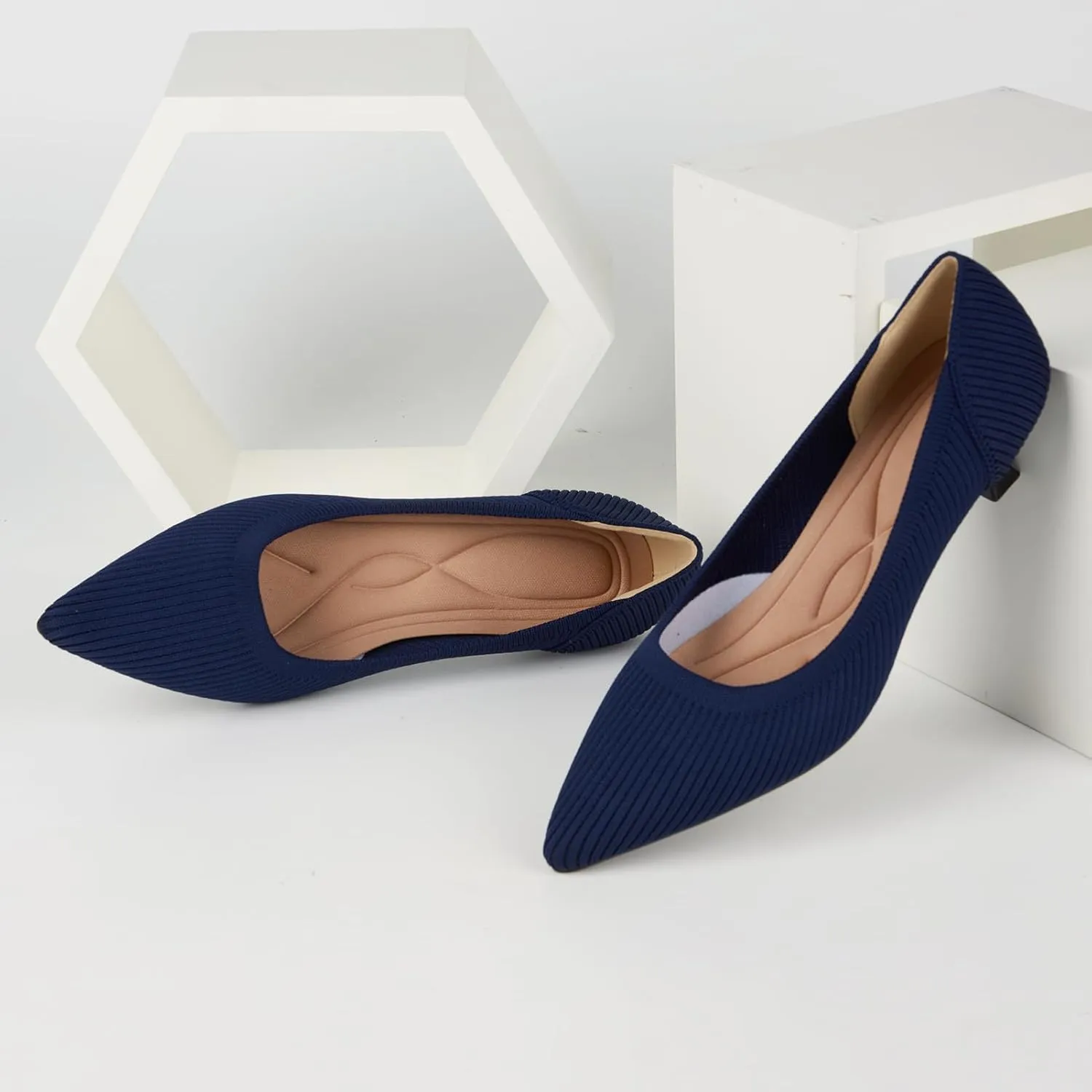 YEOJOU Heels for Women Knit Pointed Toe Women Pump Shoes Low Heel Comfortable Womens Dress Shoes Work